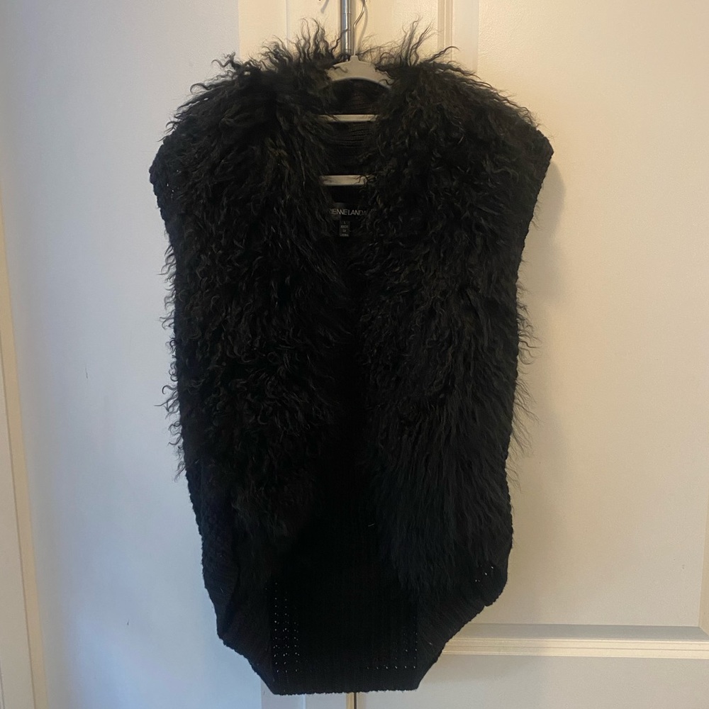 Adrienne Landau Black Lamb Fur Trimmed Knit Sweater Vest
